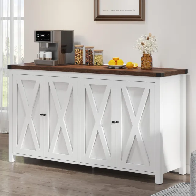 55'' Farmhouse Sideboard Buffet Storage Cabinet with Adjustable Shelves 4 Doors