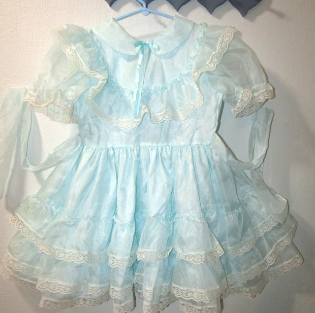 Vintage Sugar Plum Girls Pageant Party Dress Sheer Ruffle Lace Light Blue USA 10 3