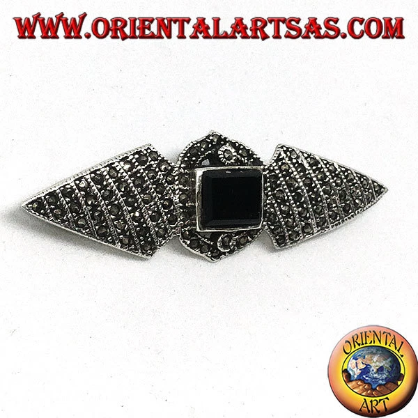Broche en Argent 925‰ Avec Marcassiti Ed Onyx Rectangulaire