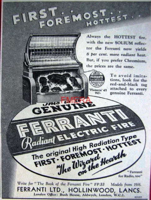 FERRANTI Radiant Electric Fires Art Deco Advert #3: Original Small 1936 Print AD