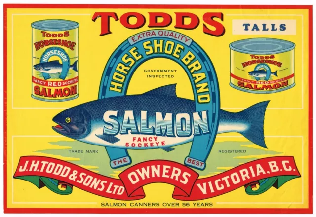 Original 1930S Crate Case Label Vintage Salmon Canada Todds B.c. Victoria Scarce