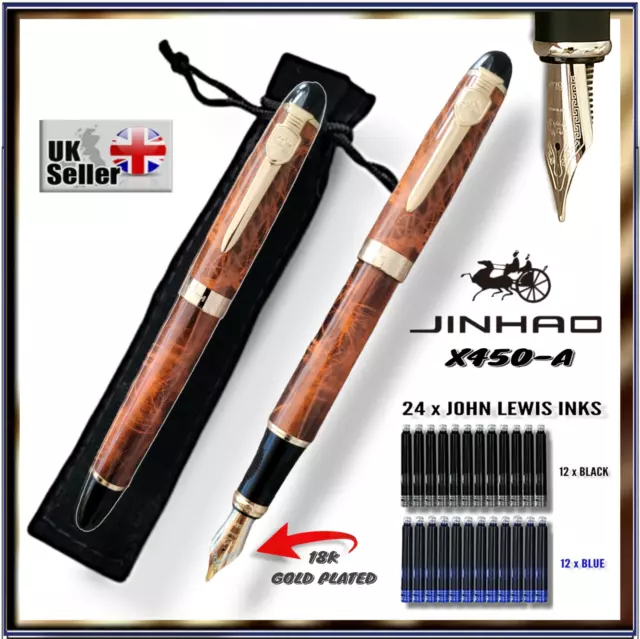 Jinhao X450-A fountain pen medium 18k nib + 24 John Lewis Ink + pen pouch Brown