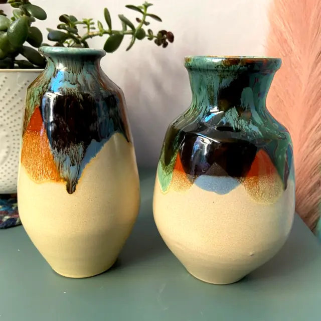 Pair of Studio Art Pottery Vase Vintage Acid Glaze Signed