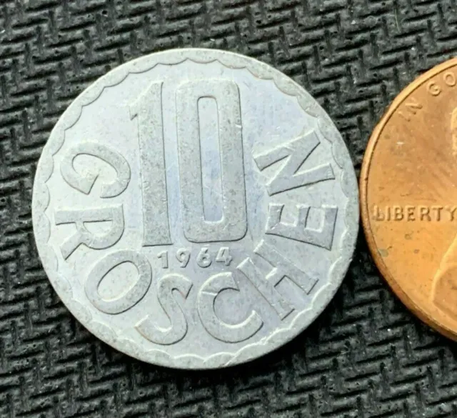 1964 Austria 10 Groschen Coin AU   High Grade  World Coin     #B624