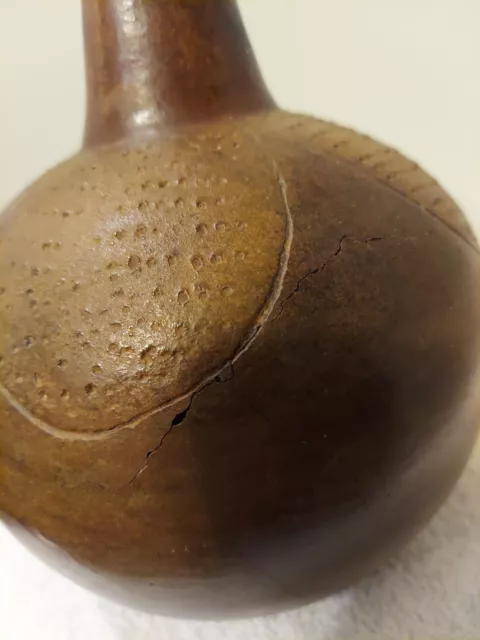 pre Columbian pottery bowl globular vessel 4" spout brown/tan.