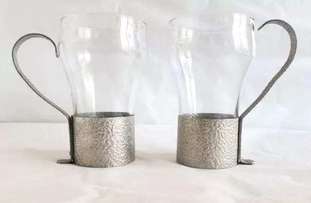 Two Cola Style Glasses in textured aluminum holders w/handles W10 L04