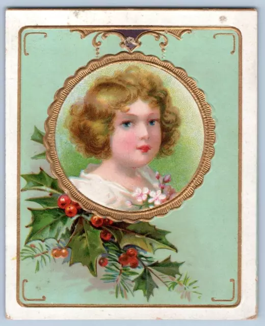 1880's ERA VICTORIAN CHRISTMAS CARD*GIRL*EMBOSSED*GOLD EMBELLISHMENTS*HOLLY*XMAS