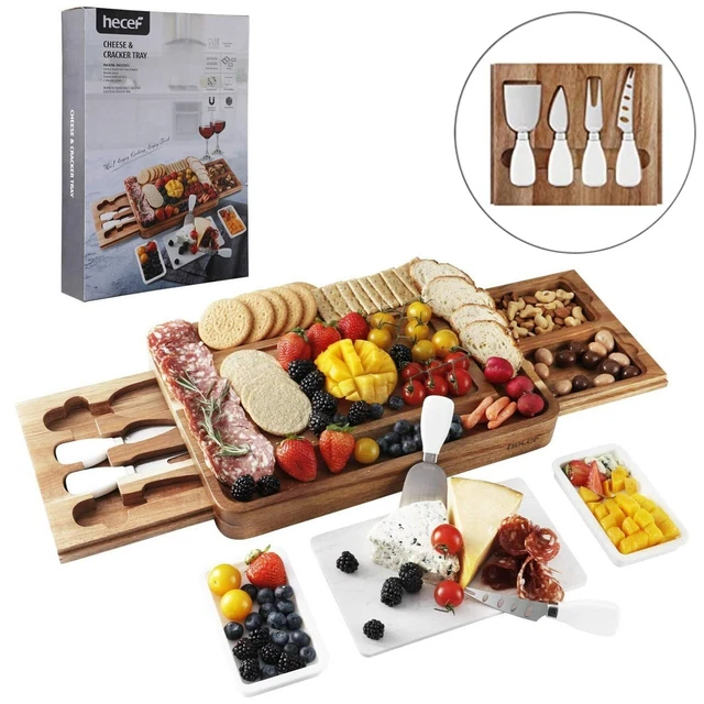 Acacia Wood Cheese Board Knife Set w/ 2 Slide-Out Drawer Marble Charcuterie Tray
