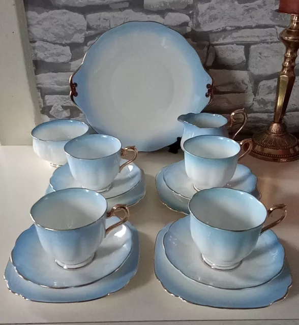 Vintage Royal Albert Rainbow Blue Bone China Tea Cups Saucers Plates Tea Set