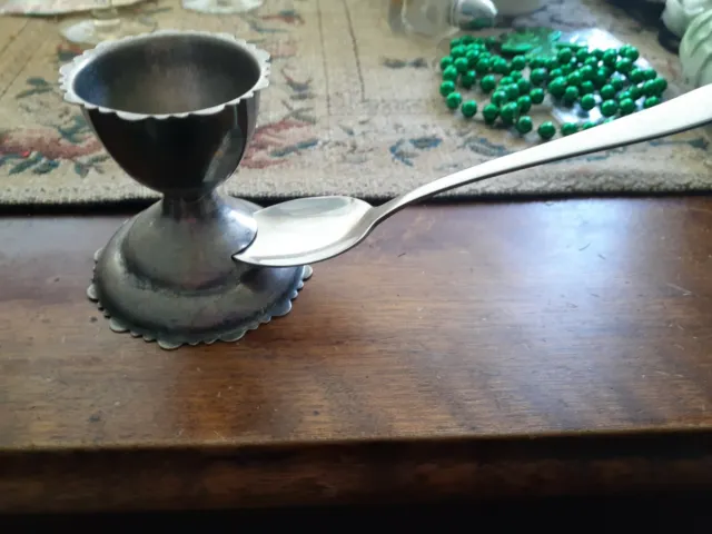 egg cup with spoon slot (modern spoon used as prop) no markings silverplate