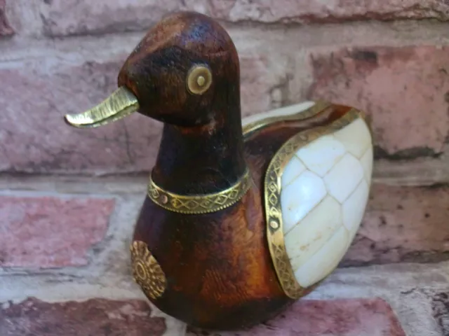 Vintage Hand Made Wooden Duck Bird Figurine Mother of Pearl  brass Decor