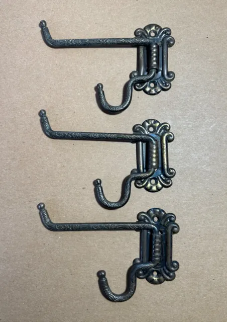Victorian 3x Eastlake Swing Arm/Folding WALL HOOKS vtg cast iron steel vtg fancy 2
