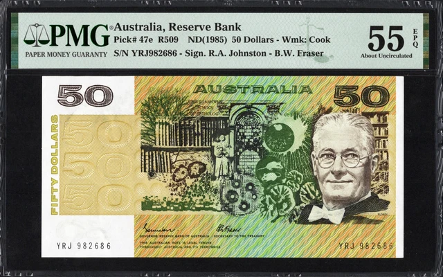 Australia 50 Dollars P47e R509 1985 Johnston Fraser PMG55 aUNC EPQ Banknote NOTE