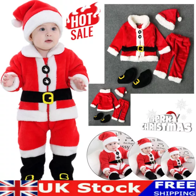 Kids Baby Boys Girls Christmas Xmas Party Santa Claus Costume Outfit Set & Hat