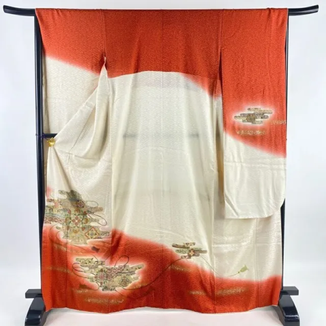 Japanese Kimono Furisode Pure Silk Flower Pattern Plaited Cord Embroidery Cream