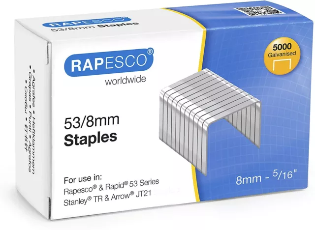 Rapesco Staples Strong Steel Wire Chisel Point Galvanished 53/8mm Box of 5000