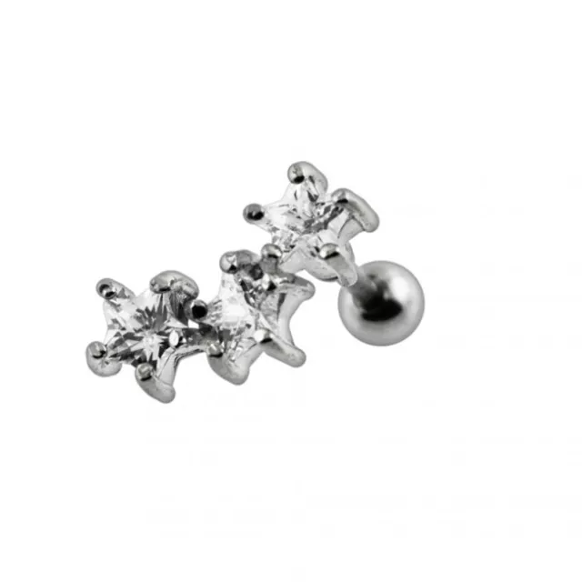 Three Stars CZ Ear Stud Climber Earring 316L Steel Cartilage Tragus Piercing 16G