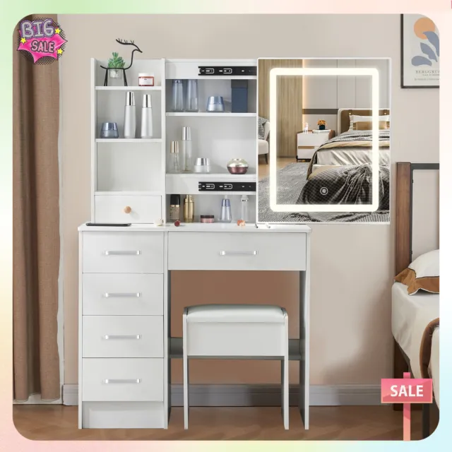 Modern Dressing Table Set with Large Mirror and 4 Drawers Wood Makeup Desk