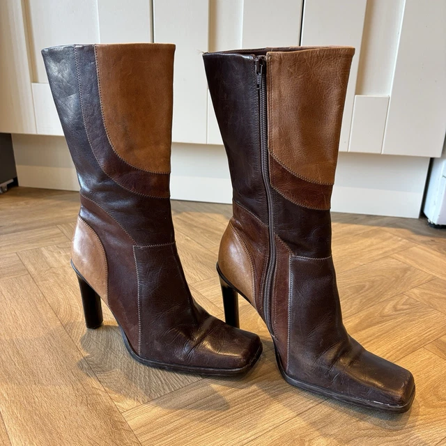 Y2K 2002 FAITH Patchwork Brown Tan Leather Square Toe Mid-calf Boots ...