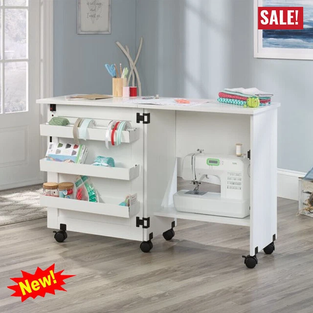 Sewing Table White Craft Folding Shelves Cabinet Organizer Rolling Storage Bins