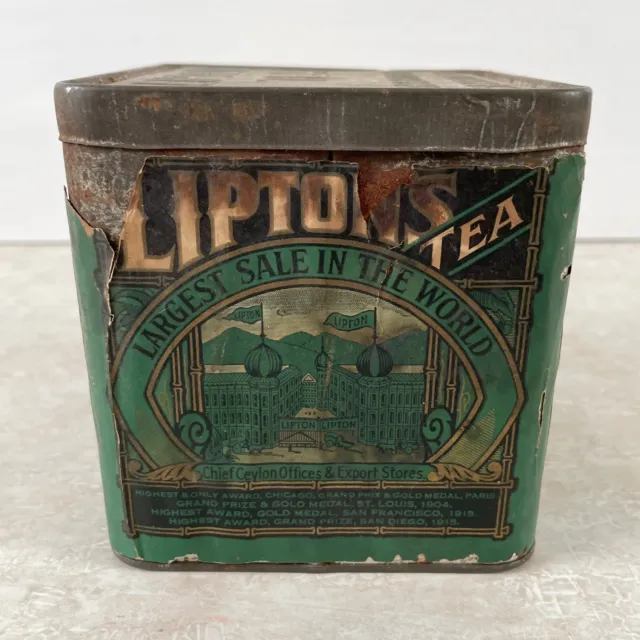 Vtg Antique Green LIPTON'S TEA Tin Metal Box w Lid Lipton Tea Planter Ceylon