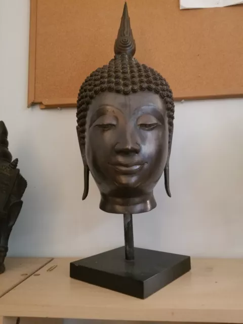 Antique Buddha Bronze Head Mounted on Stand