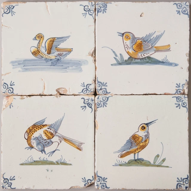 Set of 4 Nice Dutch Delft polychrome tiles, bird, 17th. century.