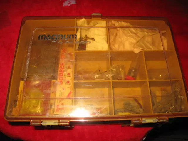 Vtg Fishing MAGNUM Plano Double Case filled w/ Mixed Lot of Hooks Sinkers Worms