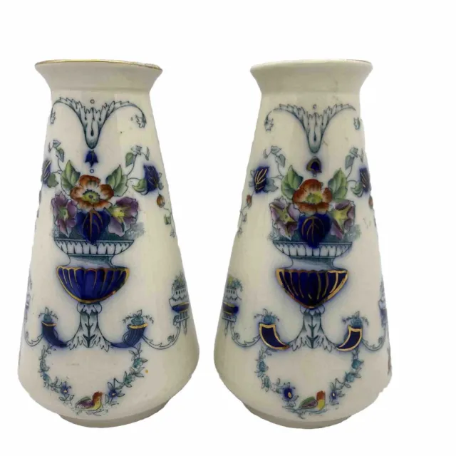 2 Vases Corona Ware Hancock & Sons Pair Of Vases Verdun Blue Gold Floral 1900’s