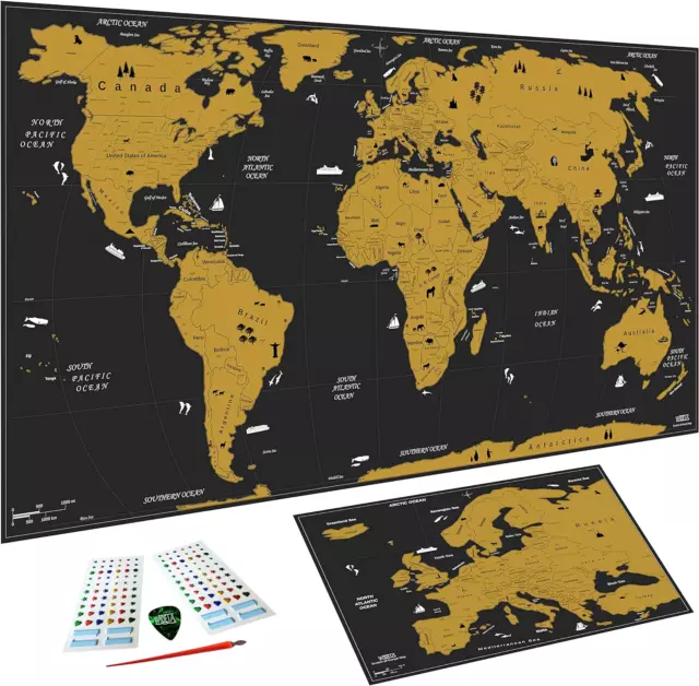 Carte Du Monde À Gratter XXL (82 X 43 Cm), Inclus Carte D' Europe Et Accessoires