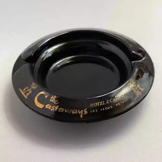 Vintage Castaway’s Casino Las Vegas Nevada Black Glass & Gold Ashtray