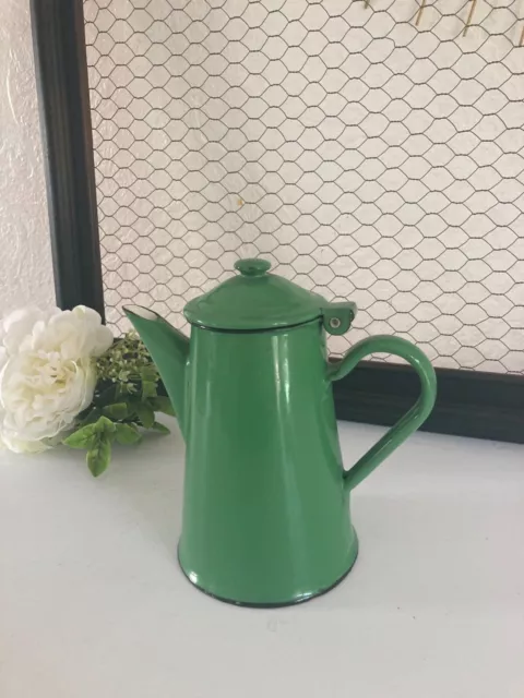 ☺ Ancienne Petite Cafetière en Tôle Émaillée Vintage Verte