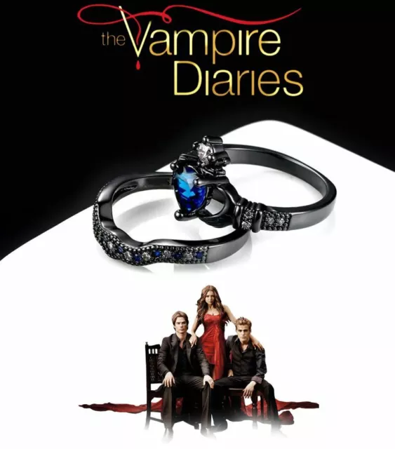 The Vampire Diaries  Sapphire Gem, Zirconia, Black Tungsten Plated Twin Ring Set