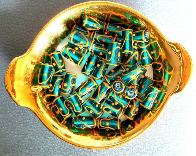 20 Lampwork Glas Perlen Beads Walze grün-orange ca. 10,5 x 21 mm NEU