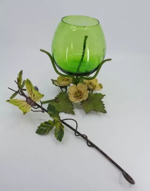 VTG TOLEWARE/TOLE METAL FLOWER CANDLE HOLDER HAND PAINTED ITALY with