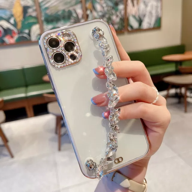 For iPhone 12 11 Pro Max XR XS 7 8 Bling Diamond TPU Clear Case Bracelet Cover