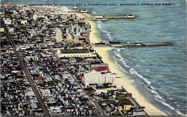 Airplane View Atlantic City Vonvention Hall Boardwalk Hotels Piers Postcard VTG