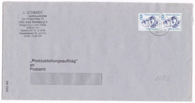Bund Brief Postzustellungsauftrag 9 DM MeF 2x1614 2er Streifen Siegen 23.7.93