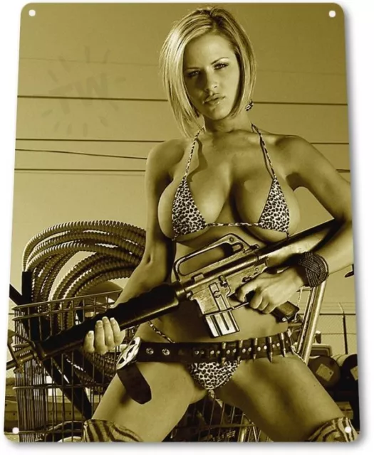 Gungho Pinup Girl Sexy Combat Military Man Cave Gun Wall Decor Metal Tin Sign