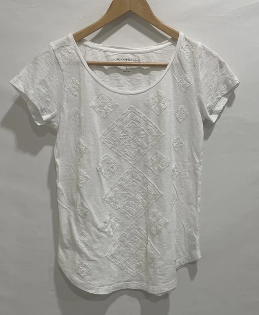 Lucky Brand Womens White Embroidery Bohemian Top Sz S Short Sleeve Layer Piece