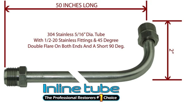 5/16 Fuel Line 50 Inch Stainless Steel 90 Degree Bend Flared 1/2-20 Tube Nuts