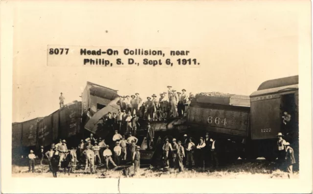 HEAD-ON COLLISION real photo postcard rppc PHILIP SOUTH DAKOTA SD train wreck