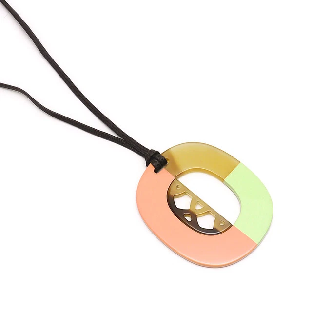 Second Hand Hermes Buffalo Horn Necklace Pendant Yellow Green Multicolor Box Pre