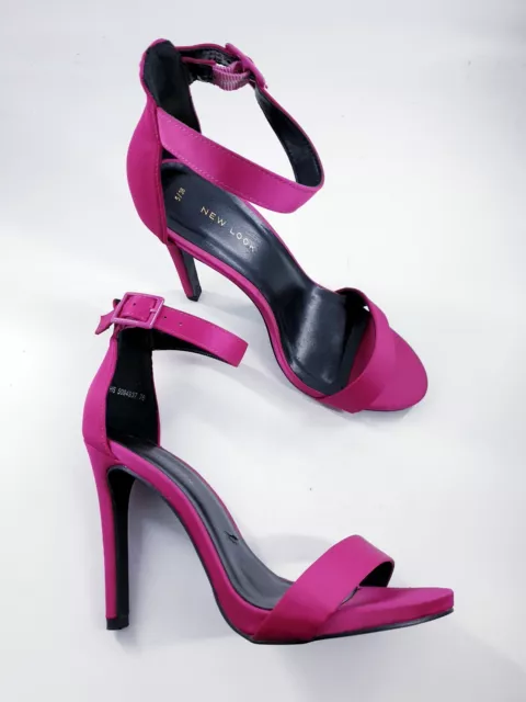 New Look size 5 scarlett / pink satin buckle ankle strap stiletto heel sandals
