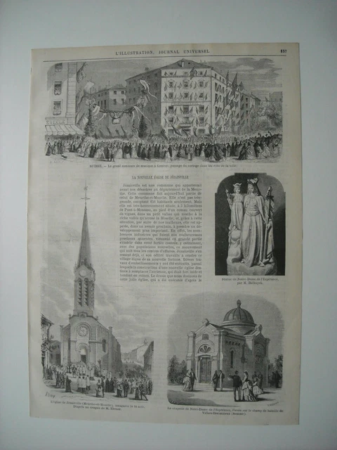 Gravure 1872. Nouvelle Eglise De Jezainville, 54. Grand Concours Musique Geneve.