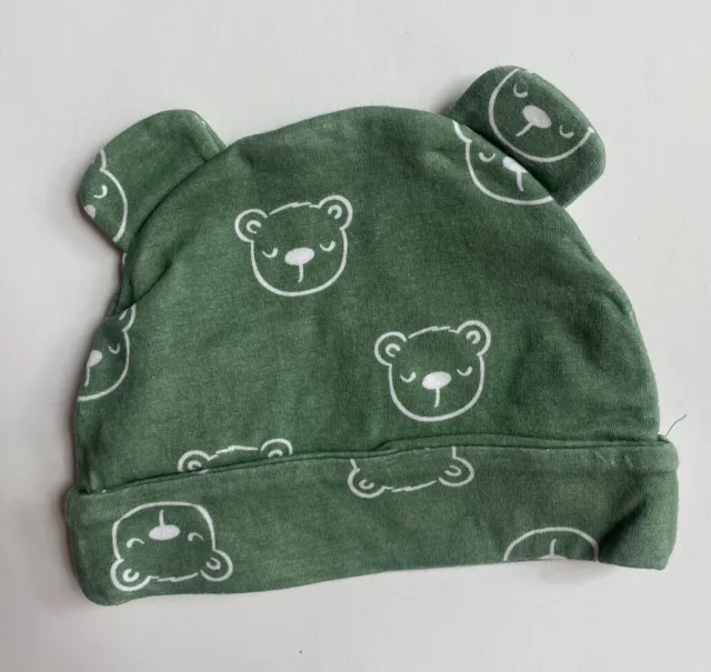 Seed baby unisex size newborn green beanie hat bears ears, VGUC