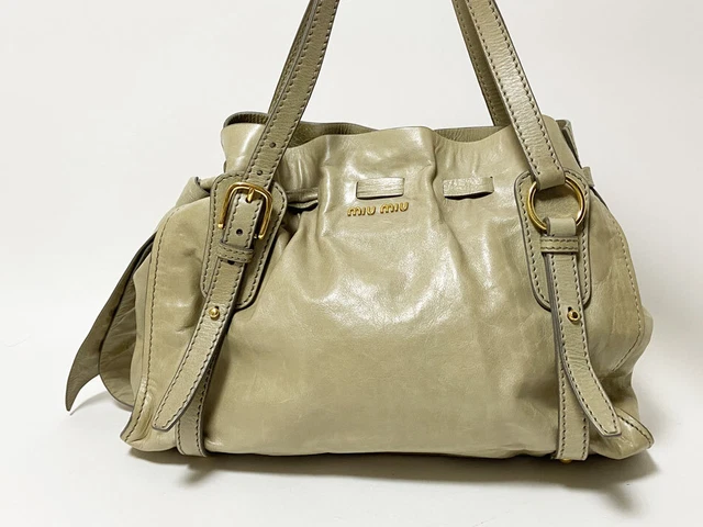 MIU MIU Tote Bag Shoulder Ribbon Vitello Lux Leather Pomice Gray Rr1312 Second H