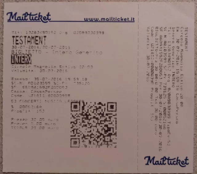 Testament - Milan Italy 30 07 2016 Biglietto Concert Ticket Brotherhood Tour
