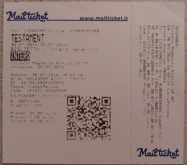 Testament - Milan Italy 30 07 2016 Biglietto Concert Ticket Brotherhood Tour