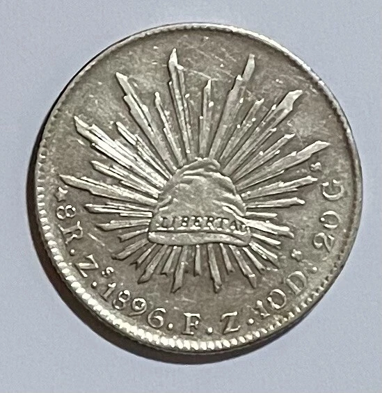 RARE-1896 Mexico 8 Reales Libertad-90% Silver-Brilliant Detail and Condition